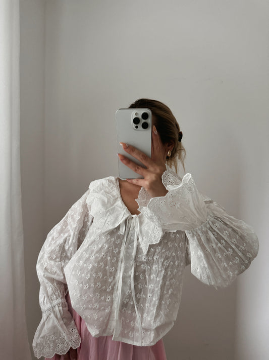 BLUSE MIT SPITZE WEISS